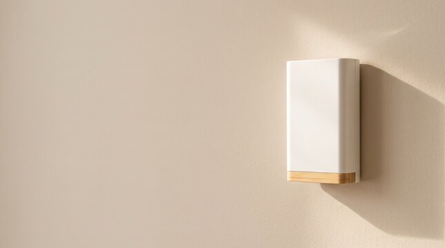 Clean view of modern smart home sensor made of plain matte white plastic and light bamboo wood with blank unprinted surface mounted on smooth beige wall illuminated by bright daylight sunbeam