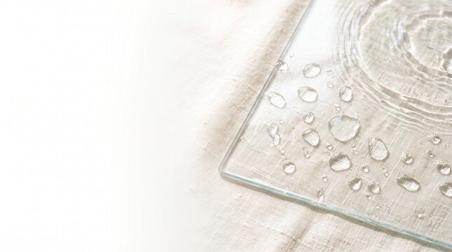 High angle view of clear glass sheet covered with transparent water ripples and fresh droplets over natural cream colored organic linen fabric texture with soft daylight streams layout surface