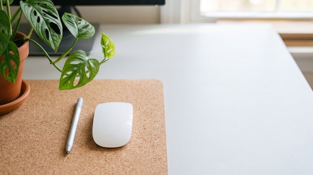 Minimalist bright workspace view of clean white modern computer mouse with blank textless surface and sleek metal stylus on natural cork desk mat with green potted monstera plant leaf layout