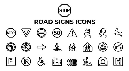 A comprehensive set of linear road sign icons featuring traffic regulations, warnings, and directional symbols. © MSTSUFIA