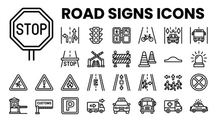 A comprehensive set of linear road sign icons depicting traffic regulations, vehicles, and safety warnings. © MSTSUFIA
