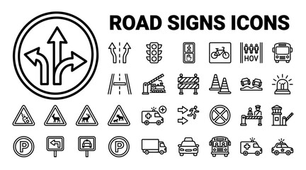 A comprehensive set of black and white outline road signs and transportation icons on a clean white background. © MSTSUFIA