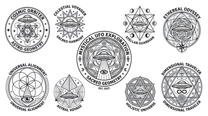 Mystical Geometric Symbols with UFOs and Eyes © hakimi