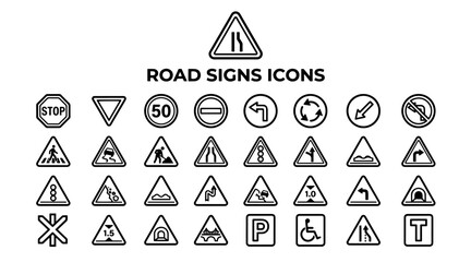 A comprehensive set of vector road sign icons illustrating various traffic regulations and road warnings. © MSTSUFIA