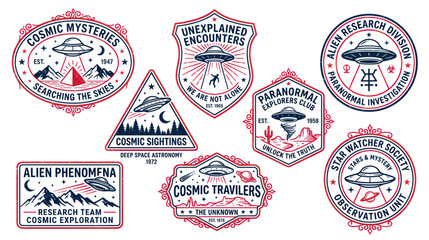 Retro Sci-Fi Badges Featuring UFOs and Cosmic Themes © hakimi