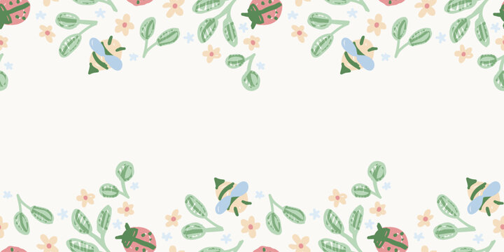 Horizontal seamless border background banner template with hand drawn cute garden ladybug bee and leaves
