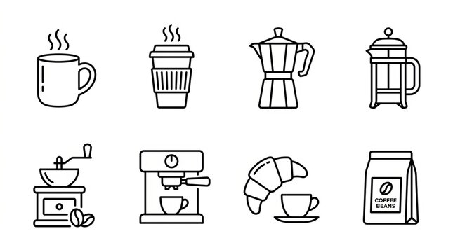 Collection of coffee and tea making equipment and accessories illustration.