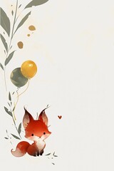 Fototapeta premium Cute fox with orange balloon for greeting card. Cartoon animal illustration with leaf and heart for birthday poster or nursery wall art. Creative artistic print for room decoration.