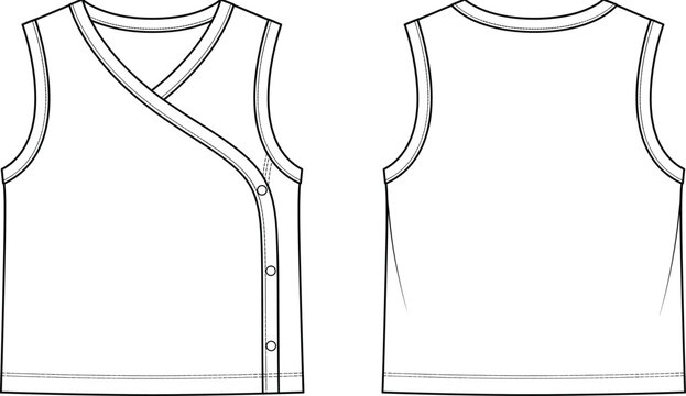 Baby asymmetrical snap wrap vest flat fashion technical sketch template front and back view.