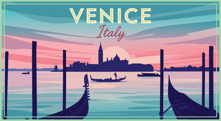 Venice Italy Sunset Vector Illustration Design Featuring Traditional Gondolas and Silhouette Cityscape for Travel Art and Tourism Branding 22 © Purnomo Semlirick