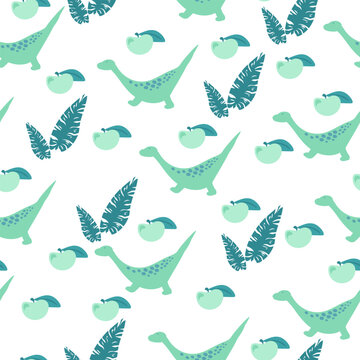 seamless pattern with cute cartoon diplodocus dinosaurs, tropical palm leaves, and apples illustration on a white background