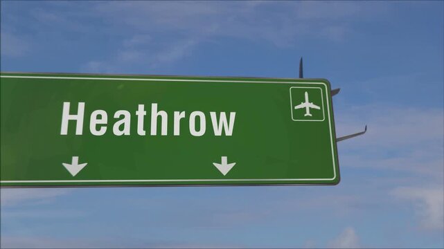 Heathrow London airplane landing. Jet plane travel to UK arrival with airport signboard.