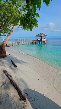 Walking on tropical sandy beach with quiet blue sea, vertical screen. First person view