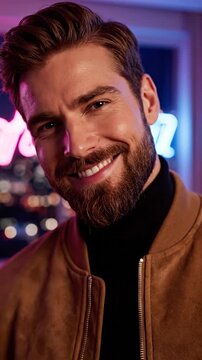 Handsome bearded man in a brown jacket smiles at night