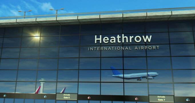 Heathrow London airplane landing. Jet plane airliner travel to UK and terminal airport arrival.
