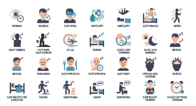 Clean vector icons depicting sleep disorders and related concepts in a modern, flat style with blue, teal, and beige color palette, perfect for medical, wellness, or educational