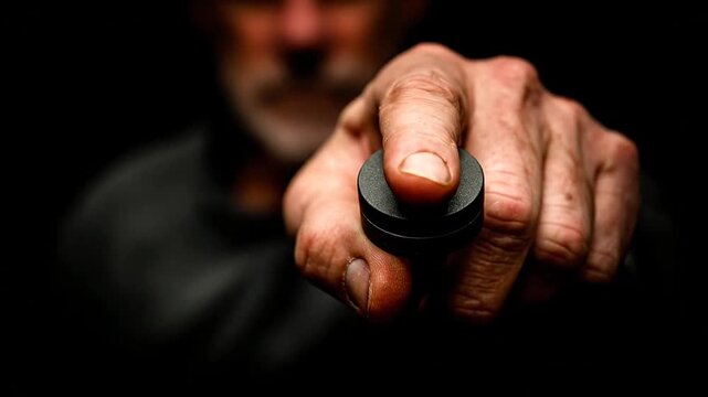 Assertive hand holding a dark cylindrical object, pointing directly at the viewer in a dramatic, low-key close-up.