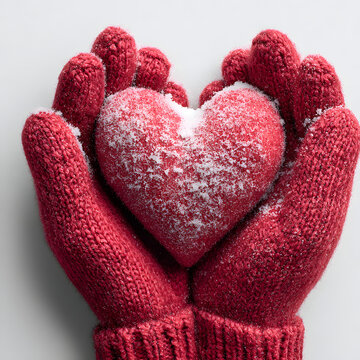 Element of a red wool glove holding a heart shape made of snow, isolated on a plain background; an element for product advertising.