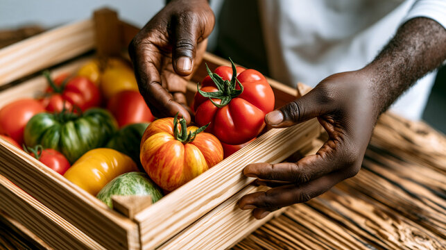 Farmer hands picking heirloom tomatoes from wooden crate, colorful variety. Fresh organic harvest, red yellow green tomato diversity, farming market produce, natural agriculture selection.