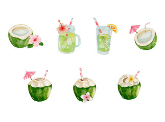 Obraz premium A collection of hand-painted watercolor coconut drink illustrations featuring fresh green coconuts, tropical beverages, fruit garnishes, flowers, straws, and summer refreshment elements.