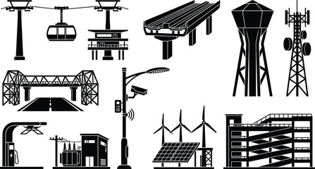 Black silhouette collection of urban infrastructure icons including cable cars, bridges, towers, and renewable energy systems © Mst