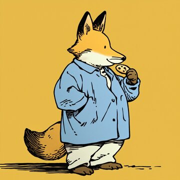 Cute fox wearing a blue lab coat holding a cookie. Whimsical animal character illustration in comic style for sticker, poster and greeting card. Hand drawn animal storybook mascot graphic.