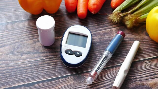 Close up of a diabetes test kit and insulin pen surrounded by fresh vegetables on a wooden surface