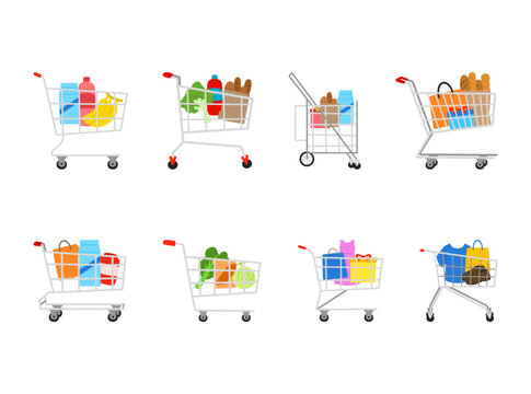 A collection of grocery shopping carts filled with food products, groceries, and retail shopping items. Vector illustration