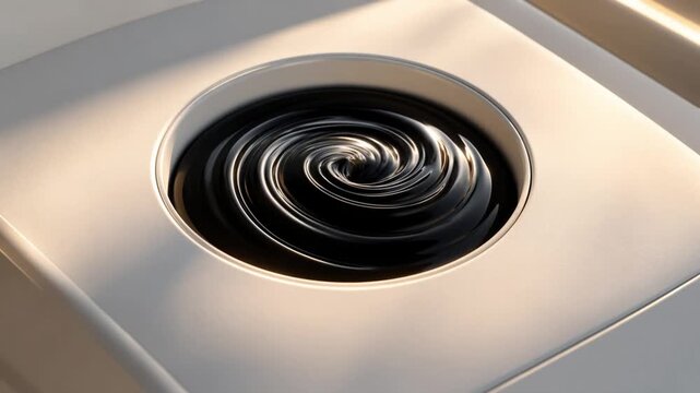 Black ferrofluid vortex in white minimalist industrial design  