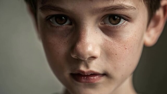 Close-up of thoughtful boy with freckles and calm expression