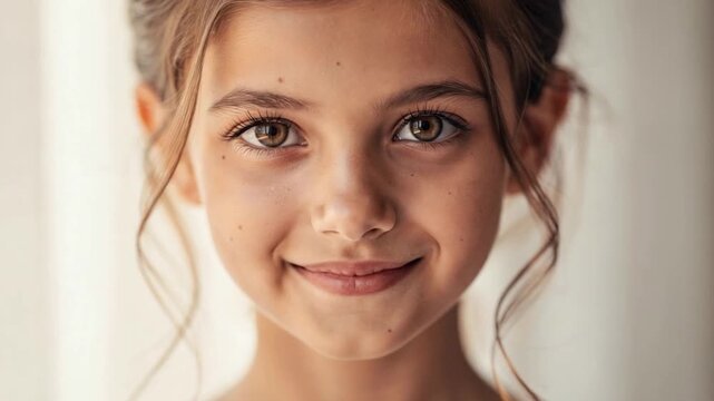 Close-up of a smiling young girl with bright eyes and playful expression