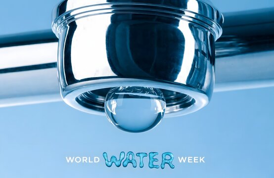 Single water drop falling from a chrome faucet tap close-up with cleanness