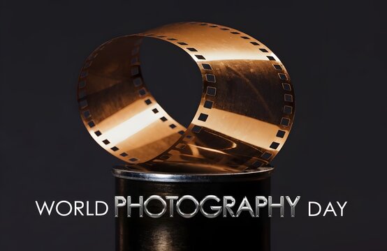 World photography day 35mm film strip on metal canister with photography