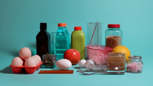 Assorted Food Ingredients and Containers on Turquoise Background