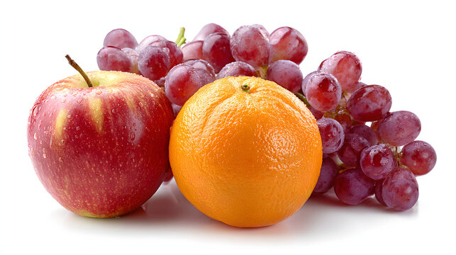 Fruit elements&mdash;apples, oranges, and grapes&mdash;isolated on a plain background; elements for product advertisements.