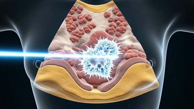3D Medical Render of Laser Treatment on Cancerous Cells With Detailed Cell Structures and Tissue Effects in Advanced Medical Visualization