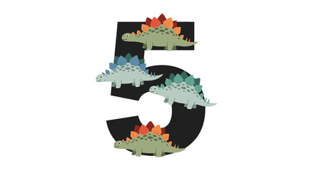 Four stegosaurus dinosaurs walking on a large number five © afriza