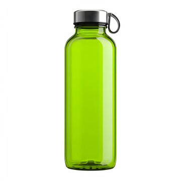 Green water bottle, front view, plain background. Element for product advertising.