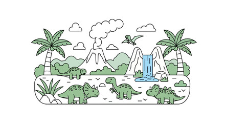 Prehistoric landscape with dinosaurs volcano and waterfall © afriza