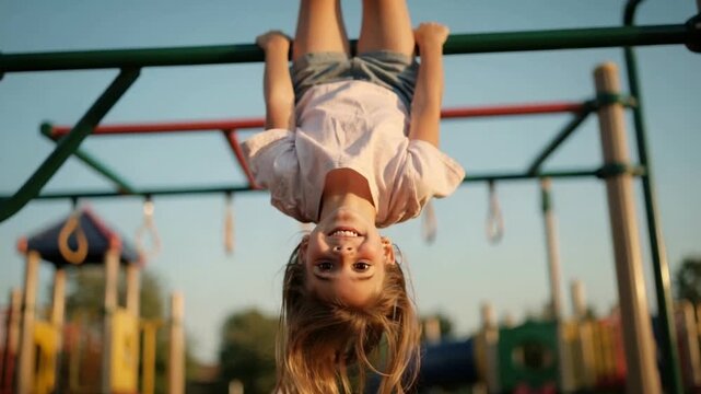 Joyful Girl Hanging Upside Down on Playground Equipment