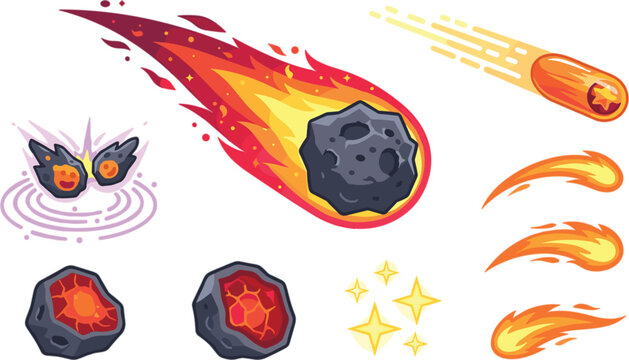 Cartoon meteor and burning asteroid space elements vector design