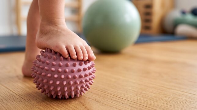Child foot exercising with spiky massage ball