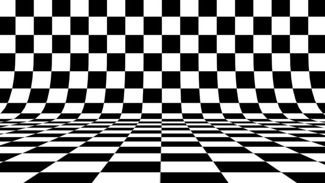 Black and white checkered floor pattern in 3D perspective. Monochrome geometric tile design with optical illusion depth effect.
