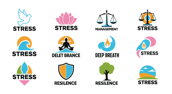 Collection of calming and empowering vector logos featuring serene waves, meditating figures, balanced scales, and flourishing trees, presented in a vibrant palette of blues,