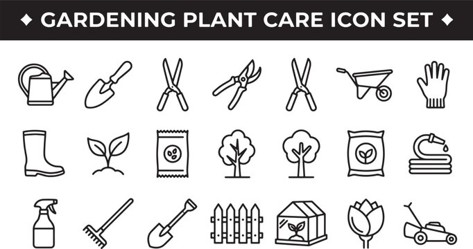 Gardening and plant care icon set featuring essential tools and nature elements in a clean line style