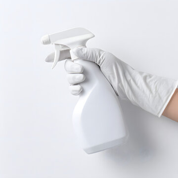 Element of a hand holding a cleaning spray bottle, isolated on a plain background; an element for product advertising.