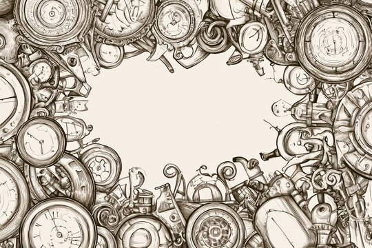 Detailed etching border, classical steampunk composition with ornate gauges and mechanical contraptions, central clean space, monochrome sepia ink