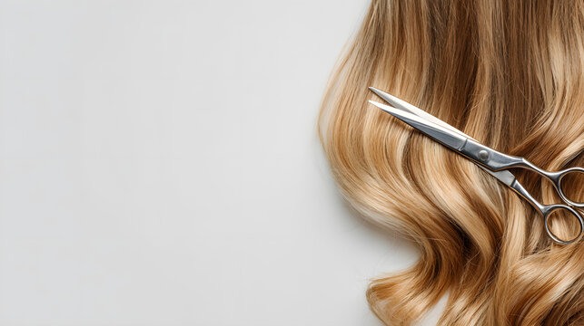 An element featuring a pair of scissors and hair, isolated on a plain background; suitable for product advertisements.