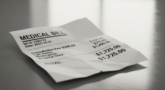 A crumpled medical bill document showing healthcare costs and charges on a neutral surface