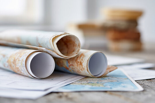 Rolls of aged maps rest on a wooden surface. Soft focus highlights worn edges and faded ink. Blueprints and papers scatter nearby, suggesting planning